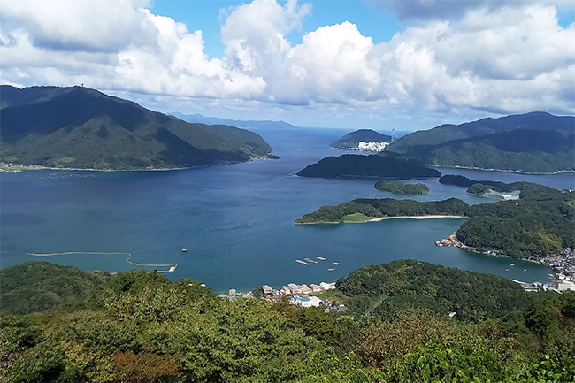 五老スカイタワーから望む舞鶴リアス海岸と海に浮かぶ島々