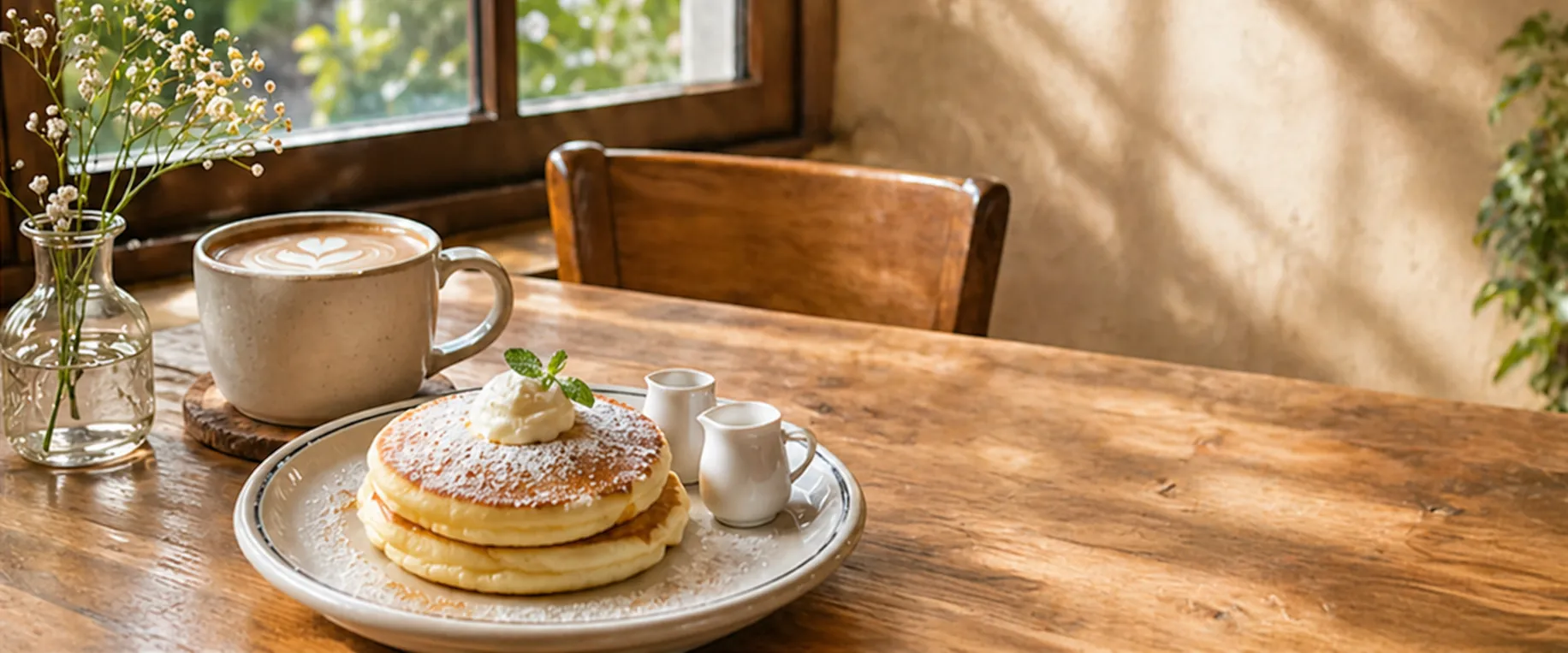 〇〇カフェでモーニングしてきた！落ち着いた店内とふわふわパンケーキが最高！